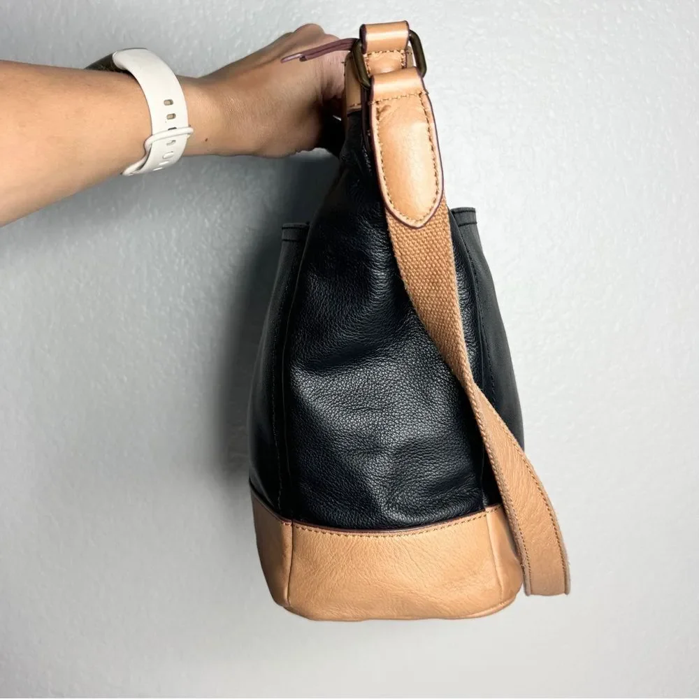 Margot black tan Colorblock Supple Leather Shoulder Bag Soft Slouchy Classic